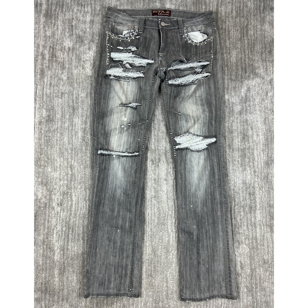 Sizzle Jeans Denim‎ Womens 9 Grey Distressed Embellished Rhinestone Low Rise Y2K